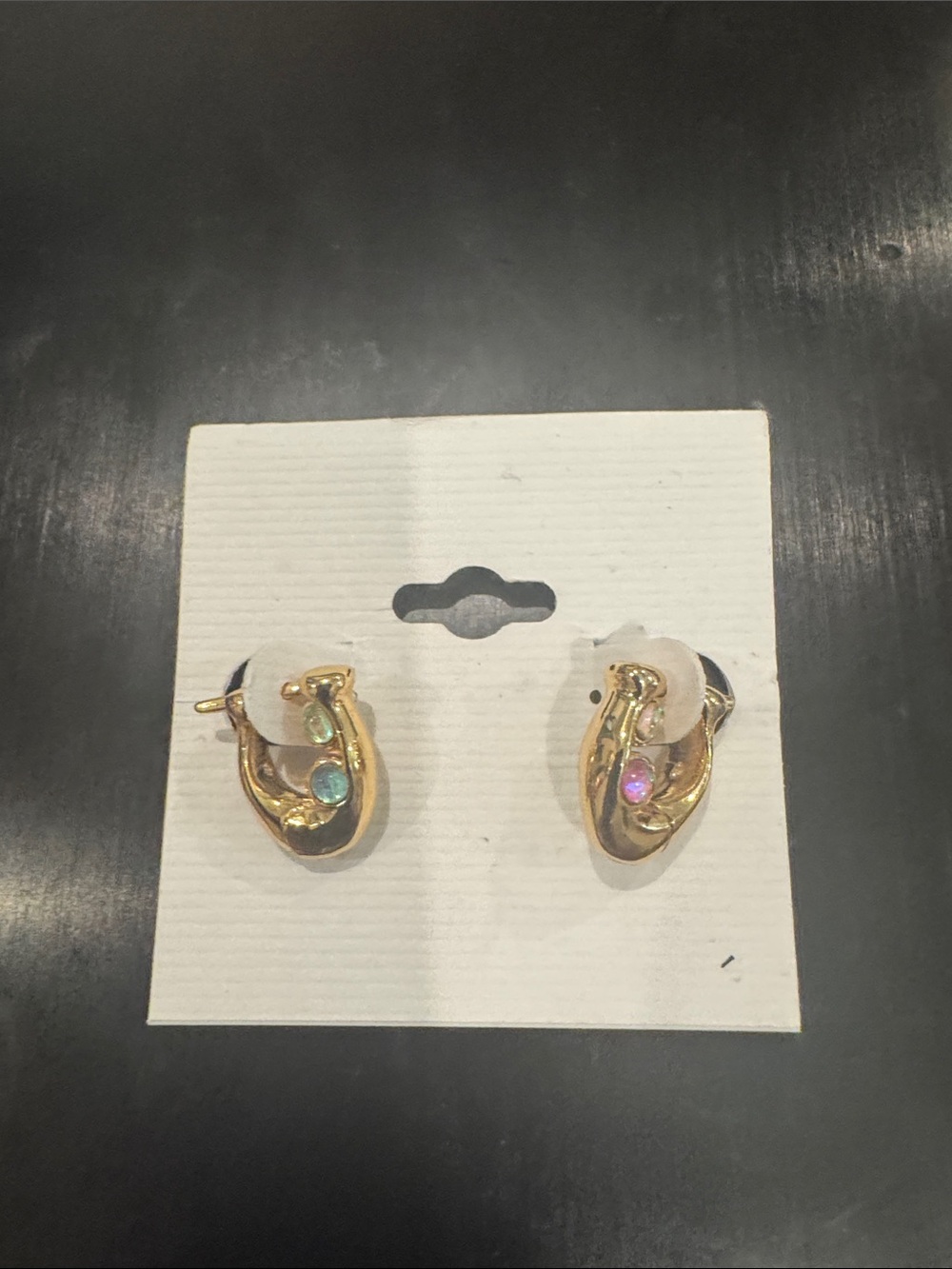Coach Signature C Gold Tone Hoop Earrings with Faux Opal Accents
